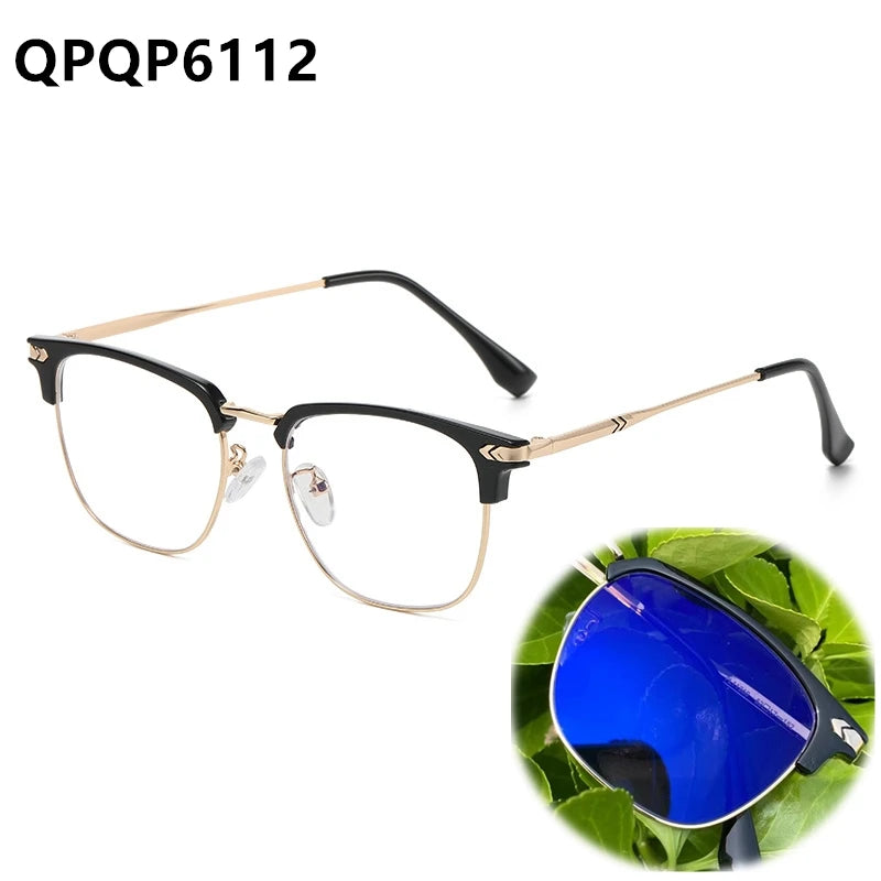 Fashion Men Computer Punk Grey Black Alloy Retro Circle Lunett Photogray Anti Blue Light 2024 Transition Glasses Photochromic