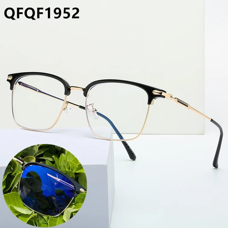 Fashion Men Computer Punk Grey Black Alloy Retro Circle Lunett Photogray Anti Blue Light 2024 Transition Glasses Photochromic