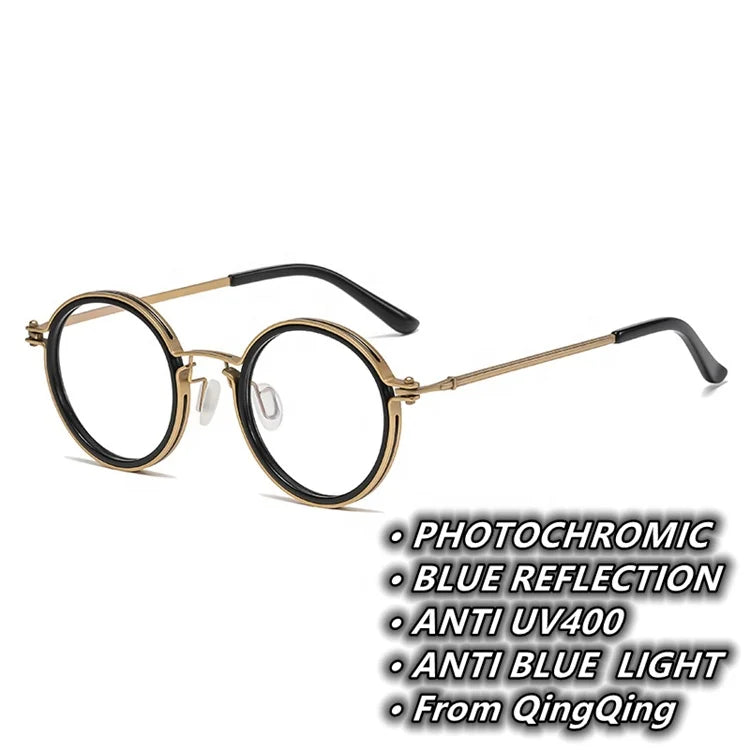 Fashion Men Computer Punk Grey Black Alloy Retro Circle Lunett Photogray Anti Blue Light 2024 Transition Glasses Photochromic