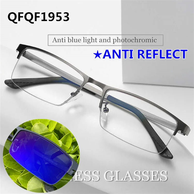Fashion Men Computer Punk Grey Black Alloy Retro Circle Lunett Photogray Anti Blue Light 2024 Transition Glasses Photochromic