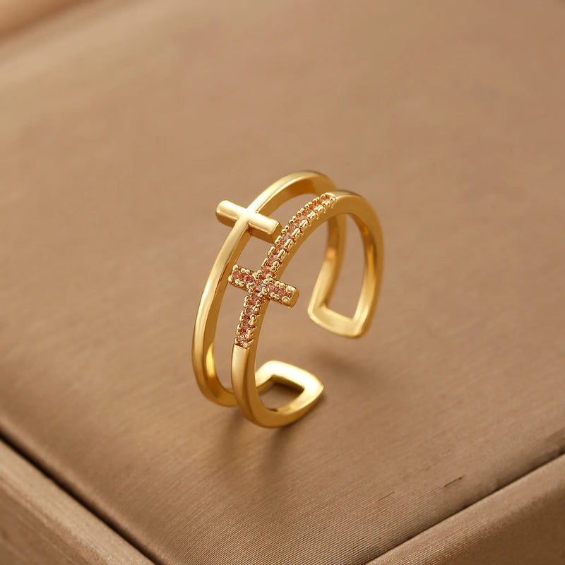 Fashion Double Cross Crystal Ring Jewelry 2025 Trending New Accessories Finger Rings For Women Anel Bague Anillos Aneis Anelli
