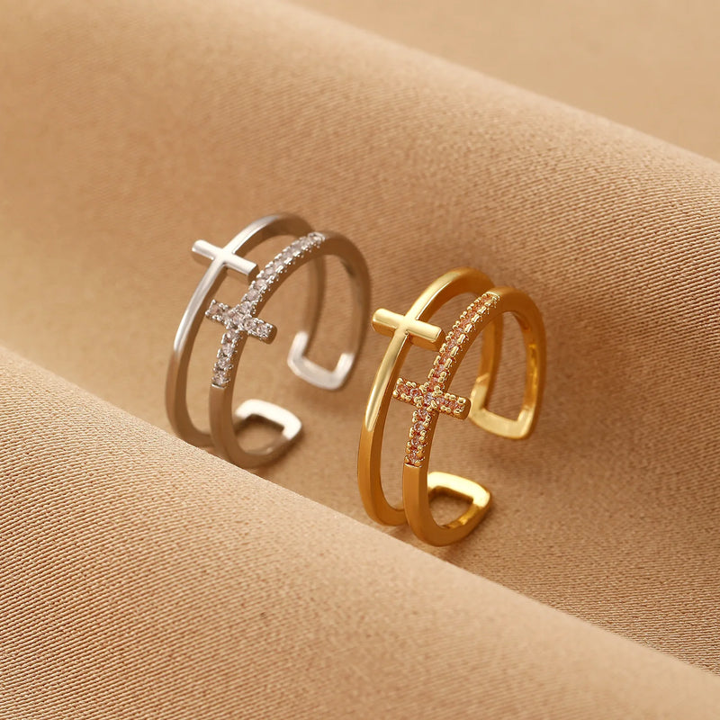 Fashion Double Cross Crystal Ring Jewelry 2025 Trending New Accessories Finger Rings For Women Anel Bague Anillos Aneis Anelli